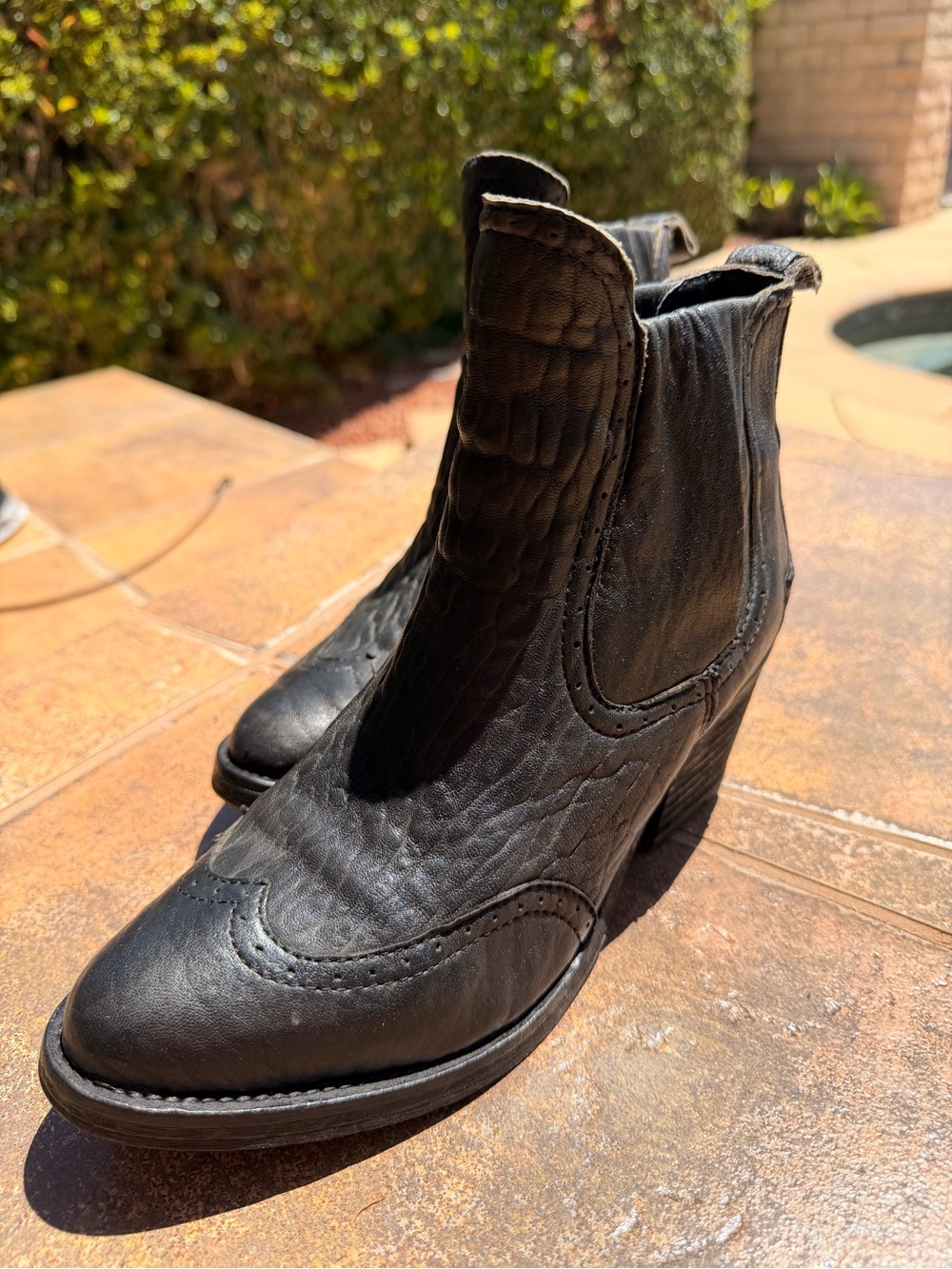 AllSaints Black Leather Distressed Mock Brogue Western Wingtip Ankle Booties